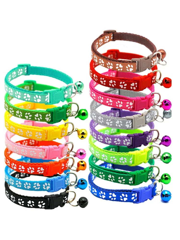 Pet Collar With Bell Cartoon Footprint Colorful Dog Puppy Cat Accessories Kitten Collar Adjustable Safety Bell Ring Necklace Pet